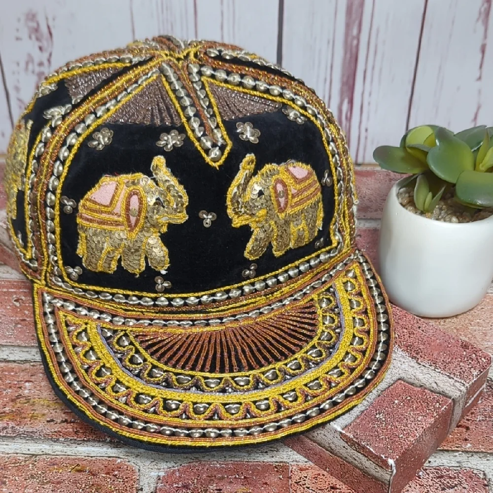 Vtg Kalaga Embroidered Elephant Tapestry Cap Beaded‎ Sequin Black Velvet Mynamar - Picture 12 of 16